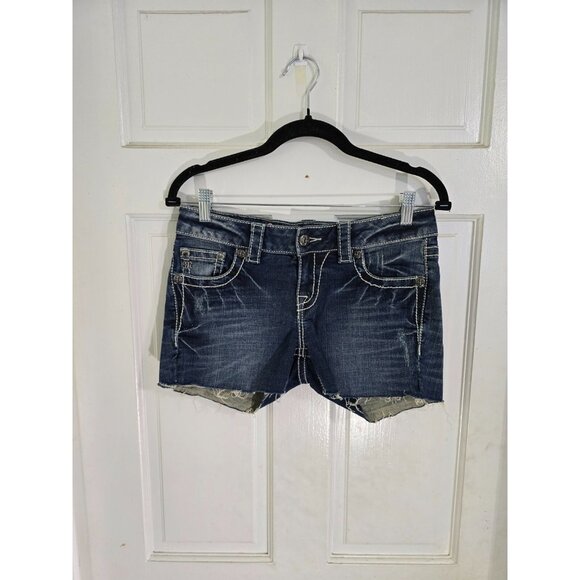 Miss Me Womens Blue Denim Cut Off Shorts Raw Hem Low Rise 5 Pockets Size 26 - Picture 3 of 12
